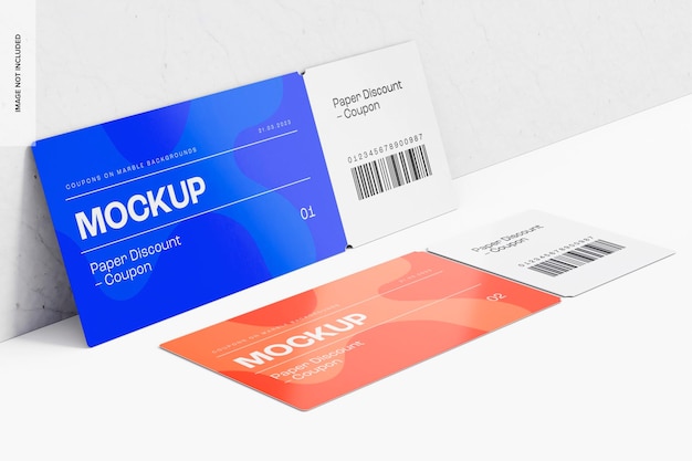 Paper Discount Coupons Mockup, Left View