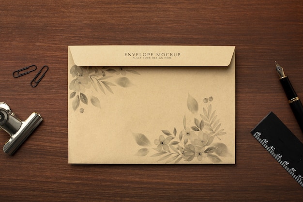 Paper envelope mock-up with fountain pen