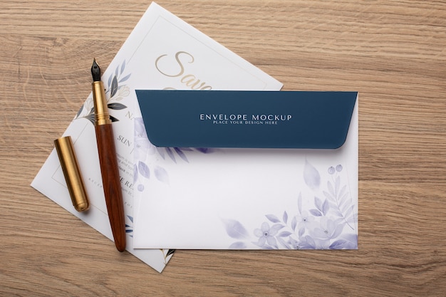 Paper envelope mock-up with fountain pen