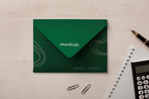 Paper envelope mock-up with fountain pen