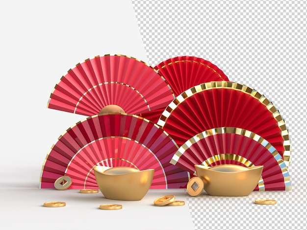 Paper fan chinese new year with gold coin decoration Oriental Asian style concept of Happy Chinese New Year festiva 3D rendering