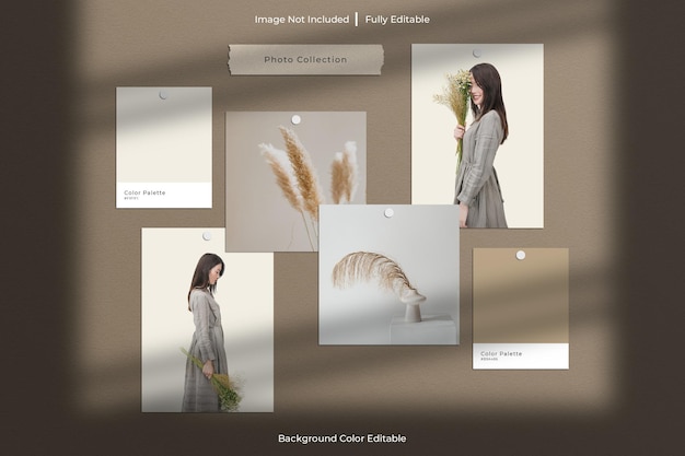 Paper frame photo and mood board scene creator mockup with shadow overlay and color palette