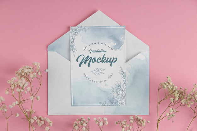 Paper invitation mock-up with watercolor design and flowers