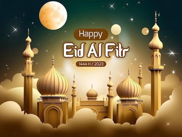 Paper style happy eid al fitr or eid mubarak festival poster with mosque and islamic decoration generative ai