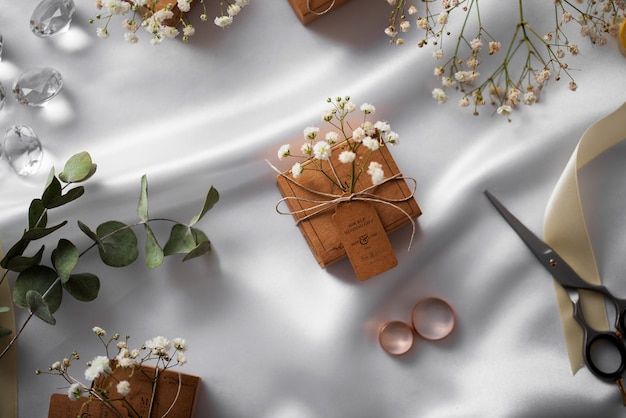 PSD paper wrapped wedding gift box with baby's breath flowers