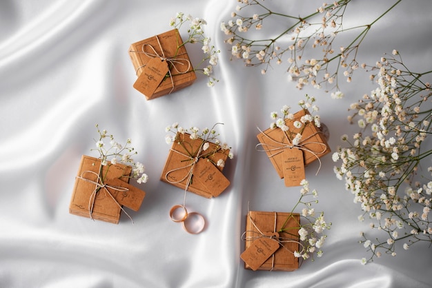 Paper wrapped wedding gift box with baby's breath flowers