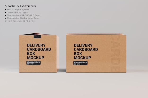 Parcel Delivery cardboard box packaging mockup front and side view