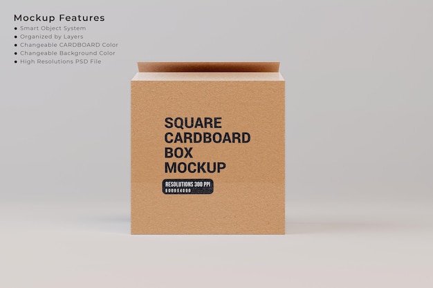 Parcel delivery square cardboard box packaging mockup front view