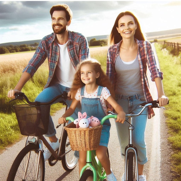 PSD parents and daughter have bicycle tour on country lane