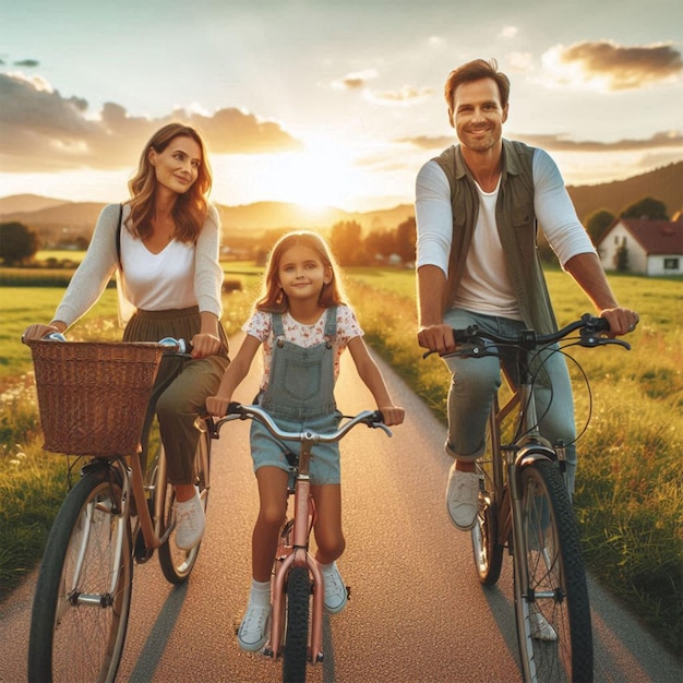 PSD parents and daughter have bicycle tour on country lane