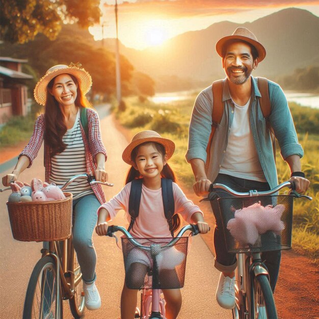 PSD parents and daughter have bicycle tour on country lane