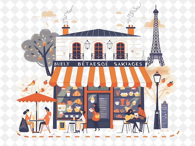 Parisian Cafe With Characters Having a Croissant Breakfast D People Life Style Flat Illustration