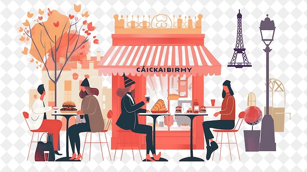 Parisian Cafe With Characters Having a Croissant Breakfast D People Life Style Flat Illustration