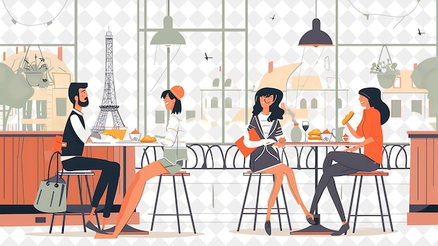 Parisian Cafe With Characters Having a Croissant Breakfast D People Life Style Flat Illustration