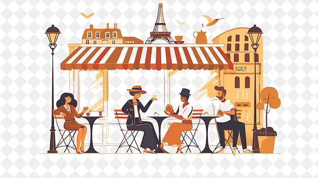 Parisian Cafe With Characters Having a Croissant Breakfast D People Life Style Flat Illustration