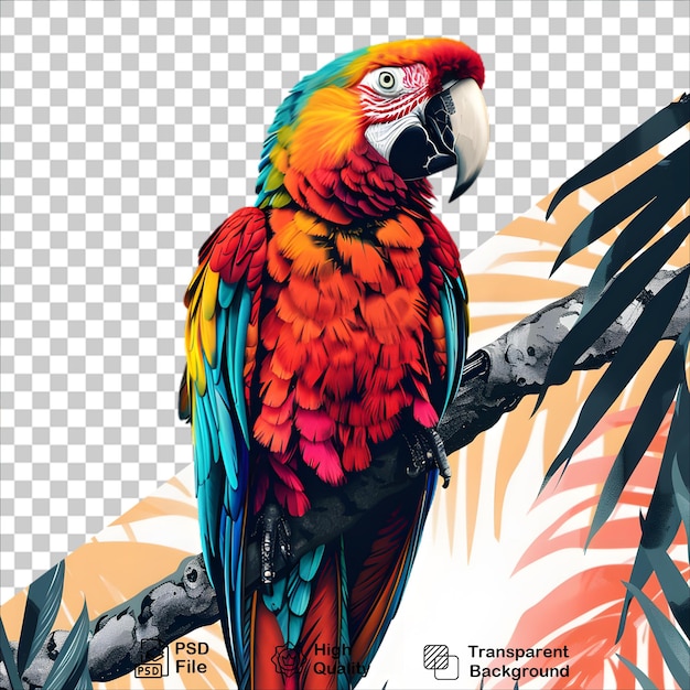 PSD parrot with bright red and blue feathers on transparent background