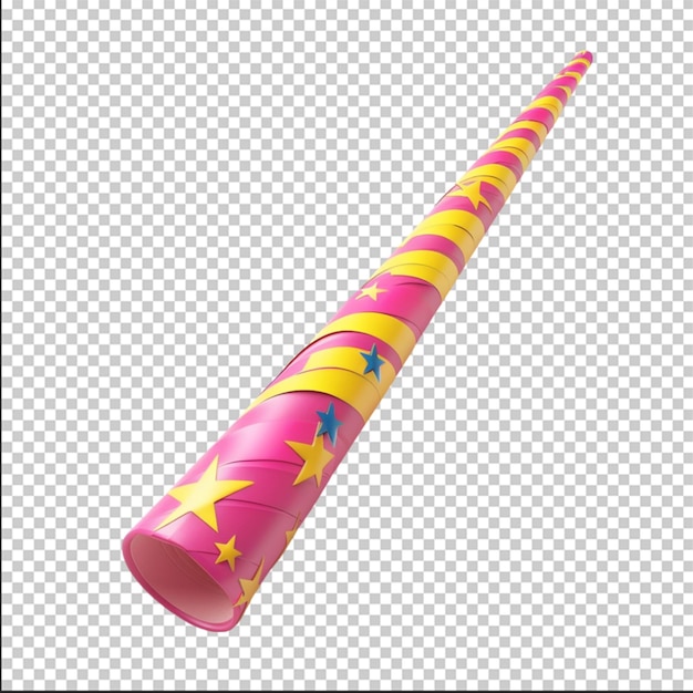 Party blower 3d render illustration Pink and yellow rolled paper whistle with stars for birthday or holiday celebration concept Party blowing horn noisemaker for new year carnival on white background