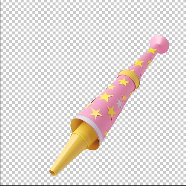 Party blower 3d render illustration Pink and yellow rolled paper whistle with stars for birthday or holiday celebration concept Party blowing horn noisemaker for new year carnival on white background