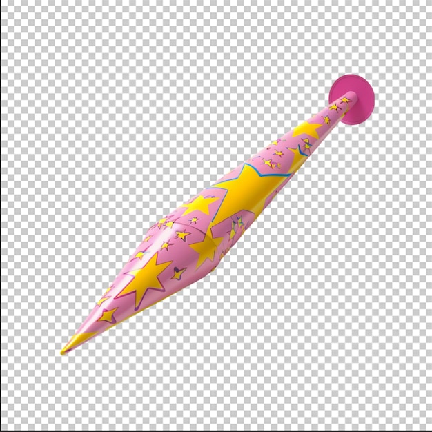 Party blower 3d render illustration Pink and yellow rolled paper whistle with stars for birthday or holiday celebration concept Party blowing horn noisemaker for new year carnival on white background