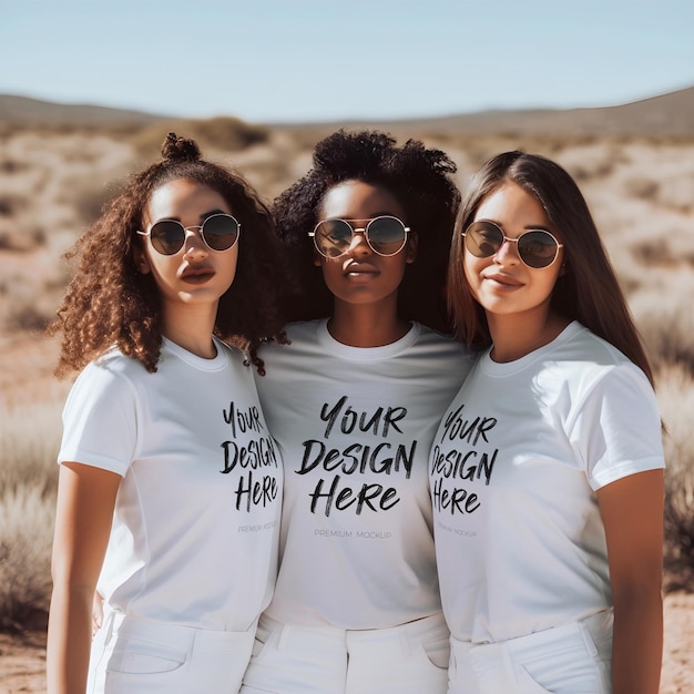 Party Vibes PSD Mockup of Three Beautiful and Happy African American Female Models in White TShirts