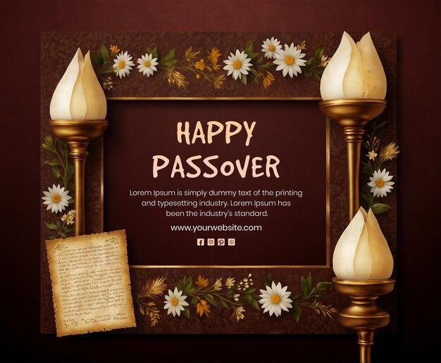 Passover concept frame design with red wine glass and flower decoration on dark red background