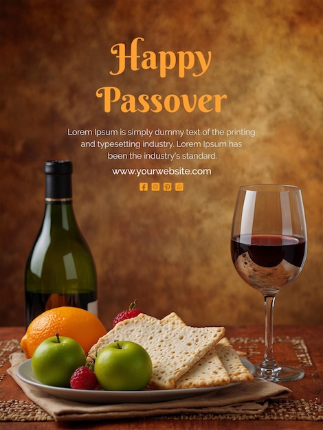 Passover concept matzah bread and fruits with wine and a glass decoration on an orange background