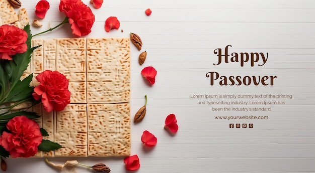 PSD passover concept matzah bread with kosher walnut and flowers decoration on white texture background