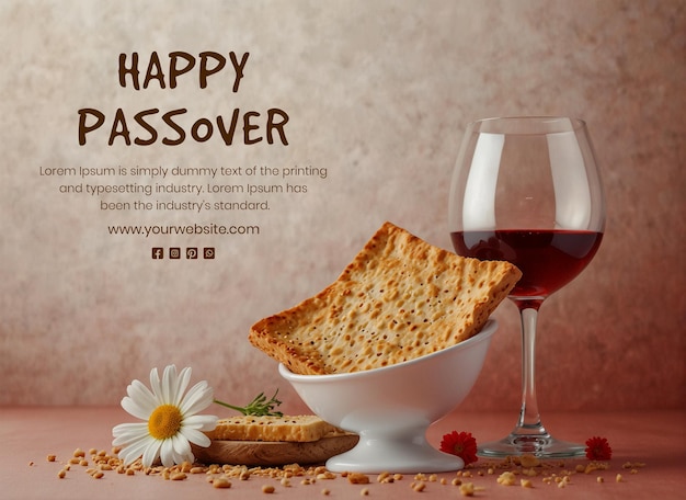 PSD passover concept matzah bread with red wine glass and flowers decoration on light red background