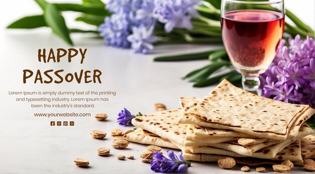 PSD passover concept matzah bread with red wine glass and flowers decoration on white background