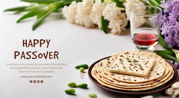 PSD passover concept matzah bread with red wine glass and flowers decoration on white background