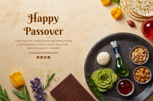 PSD passover concept matzah bread with seder plate and hyacinth flowers decoration