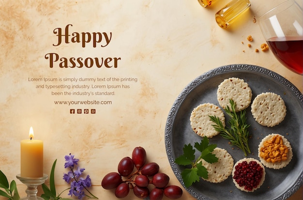 PSD passover concept matzah bread with seder plate and hyacinth flowers decoration