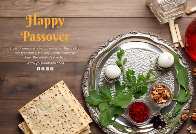 PSD passover concept matzah bread with silver seder plate and flowers decoration on wooden background