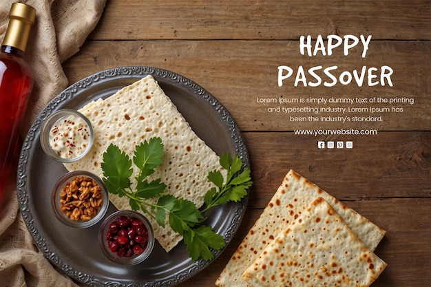 PSD passover concept matzah bread with silver seder plate and flowers decoration on wooden background