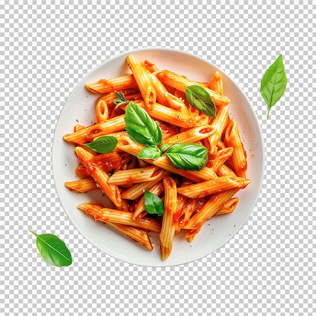 PSD pasta with tomato sauce and basil on a white plate