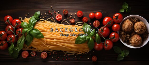 Pasta with tomatoes basil and spices on a dark wooden background