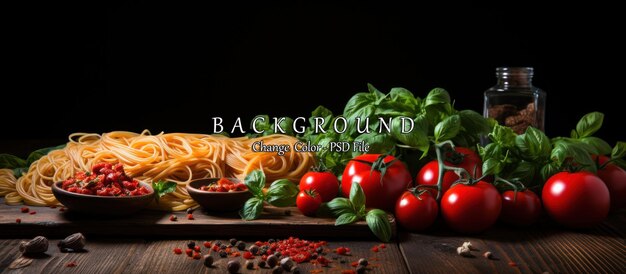 Pasta with tomatoes basil and spices on a wooden background