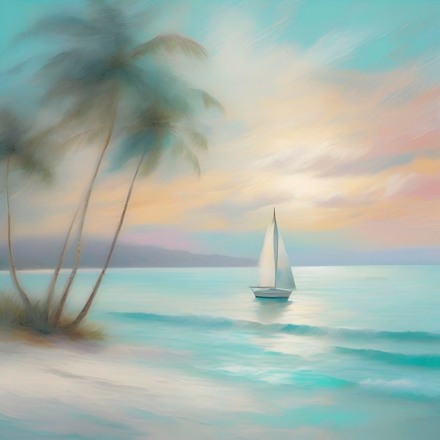 Pastel Tropical Beach in Impressionist Style