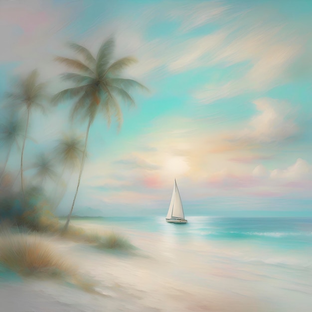 Pastel Tropical Beach in Impressionist Style