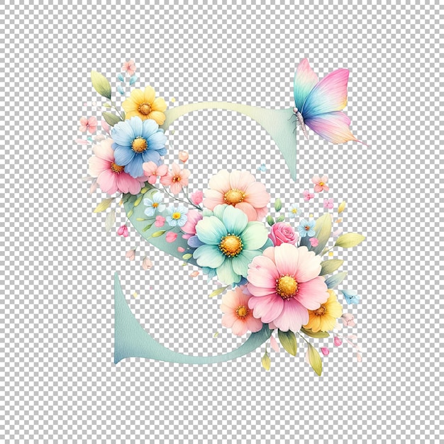 Pastel watercolor spring floral alphabet letter S with a butterfly