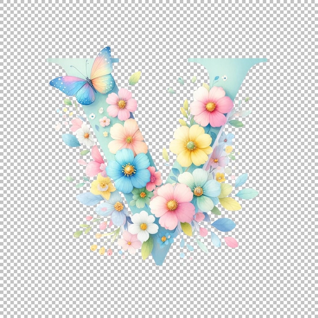 Pastel watercolor spring floral alphabet letter V with a butterfly