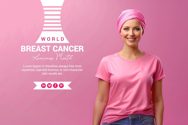 A patient with cancer is smiling and standing in a pink Tshirt