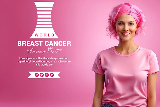 PSD a patient with cancer is smiling and standing in a pink tshirt