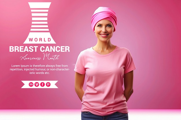 PSD a patient with cancer is smiling and standing in a pink tshirt