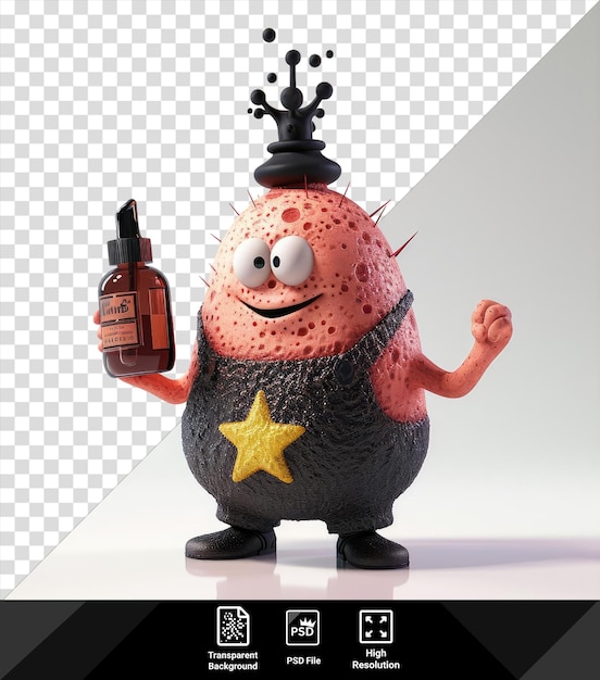 patrick star themed cake adorned with a yellow star and a black crown topped with a black toy and a hand holding a brown bottle