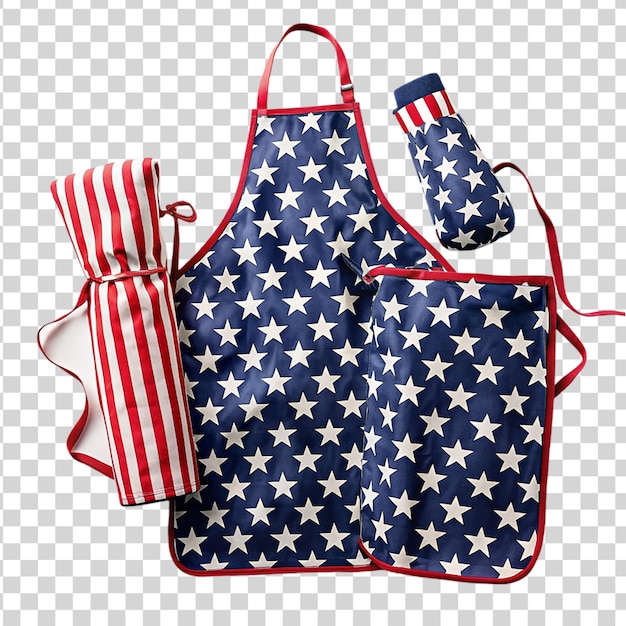 Patriotic aprons and oven mitts for cooking fourth of July on transparent background