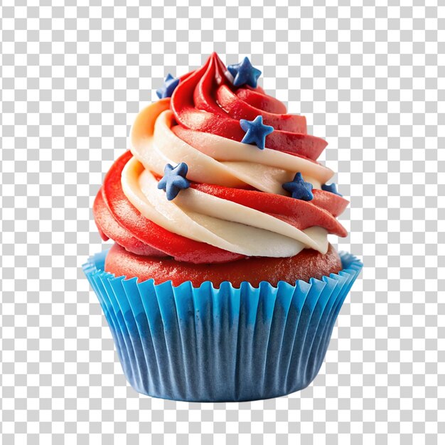 A patriotic cupcake adorned with stars and stripe isolated on transparent background