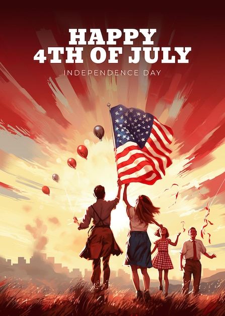 A patriotic poster with a usa family celebrating the Independence day on 4th of july