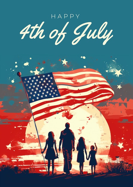 A patriotic poster with a usa family celebrating the Independence day on 4th of july