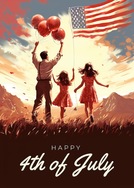 A patriotic poster with a usa family celebrating the Independence day on 4th of july